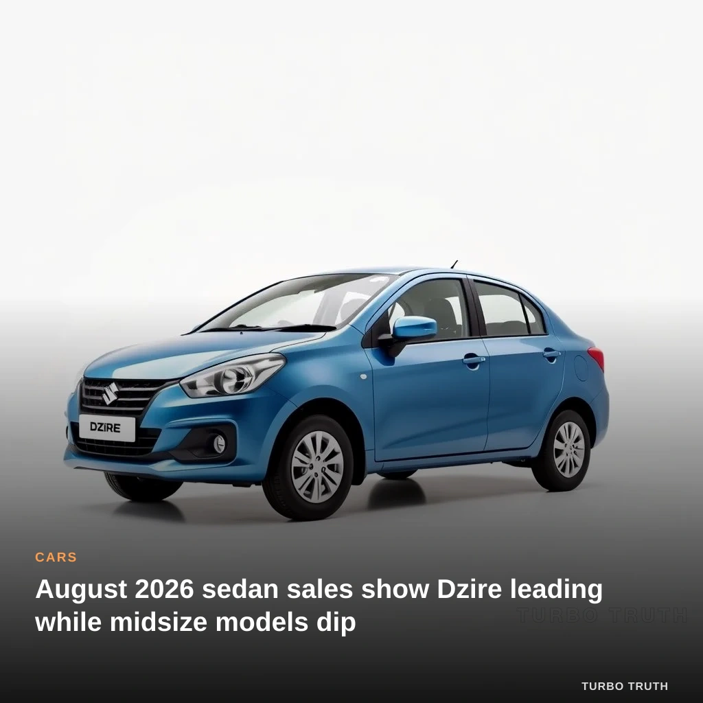August 2026 sedan sales show Dzire leading while midsize models dip